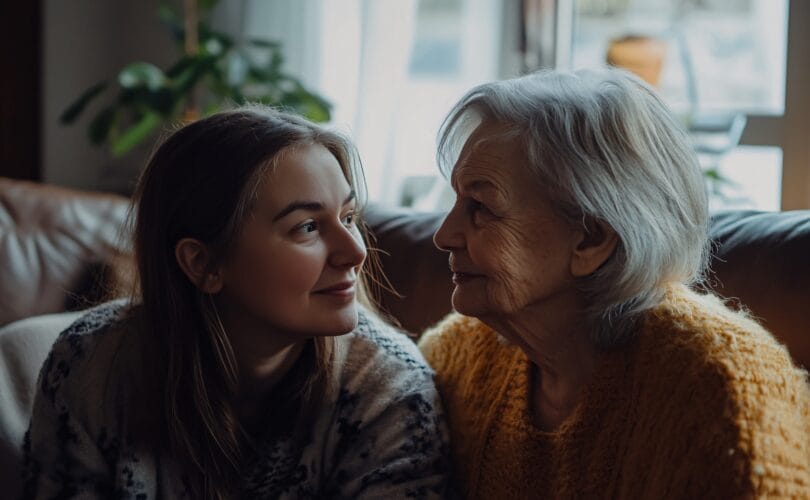 A young woman and an older woman sitting together on a couch, looking at each other with warmth and tenderness